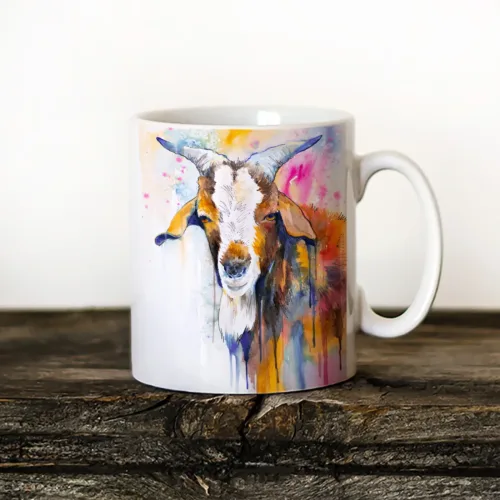 Goat Art Mug, Watercolor Ceramic Mug 11 oz Goat watercolor painting printed on an 11 oz ceramic art mug by Slaveika Aladjova