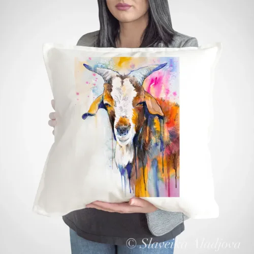 Goat Art Pillow Cover, Watercolor Cushion 50 × 50 cm Goat watercolor painting printed on a 50 x 50 cm cotton art pillow cover by Slaveika Aladjova