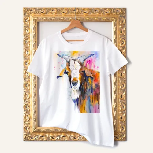 Goat T-Shirt, Watercolor Art Tee Goat watercolor painting printed on a white cotton T-shirt by Slaveika Aladjova