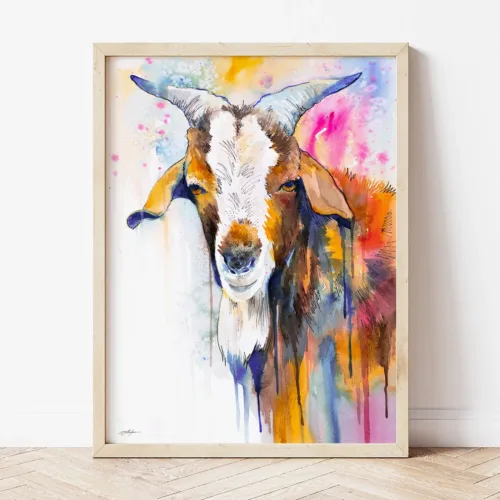 Goat watercolor painting the artwork on the T-shirt by Slaveika Aladjova