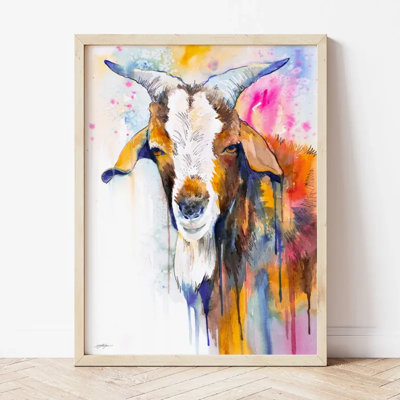 Goat watercolor painting the artwork on the T-shirt by Slaveika Aladjova