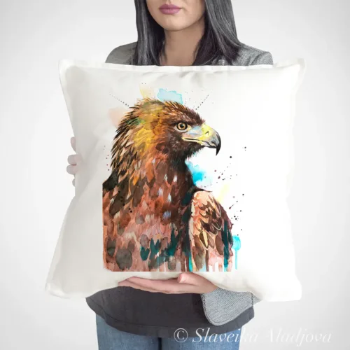 Golden Eagle watercolor painting printed on a 50 x 50 cm cotton art pillow cover by Slaveika Aladjova