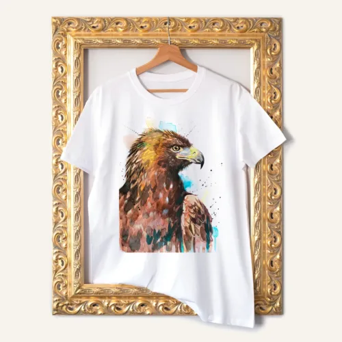 Golden Eagle watercolor painting printed on a white cotton T-shirt by Slaveika Aladjova