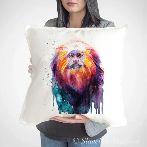 Golden Lion Tamarin Art Pillow Cover, Watercolor Cushion 50 × 50 cm Golden Lion Tamarin watercolor painting printed on a 50 x 50 cm cotton art pillow cover by Slaveika Aladjova