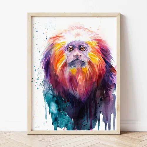 Golden Lion Tamarin watercolor painting the artwork on the T-shirt by Slaveika Aladjova