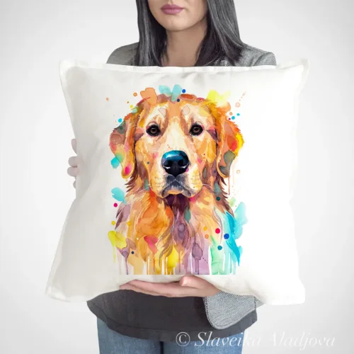 Golden Retriever Art Pillow Cover, Watercolor Cushion 50 × 50 cm Golden Retriever watercolor painting printed on a 50 x 50 cm cotton art pillow cover by Slaveika Aladjova