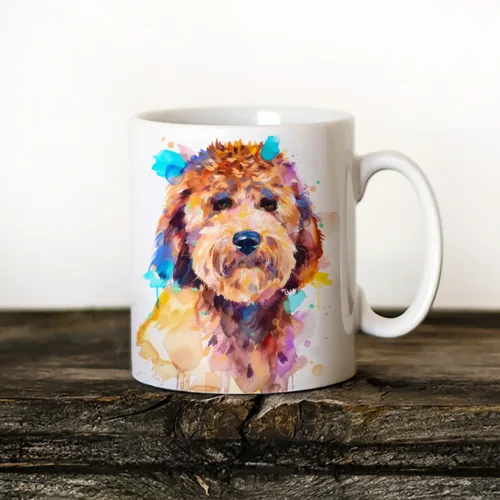 Goldendoodle Art Mug, Watercolor Ceramic Mug 11 oz Goldendoodle watercolor painting printed on an 11 oz ceramic art mug by Slaveika Aladjova