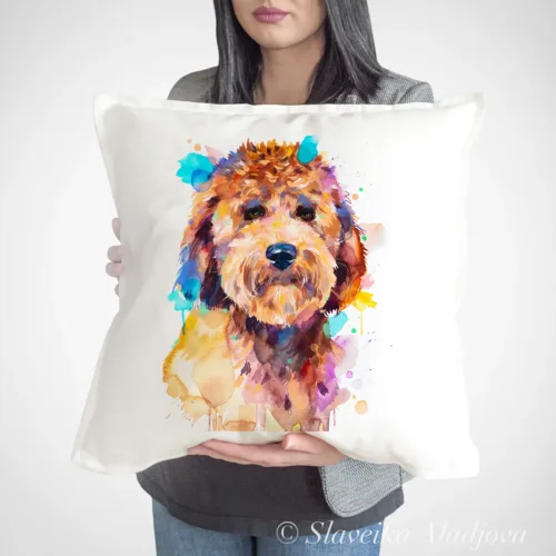 Goldendoodle Art Pillow Cover, Watercolor Cushion 50 × 50 cm Goldendoodle watercolor painting printed on a 50 x 50 cm cotton art pillow cover by Slaveika Aladjova