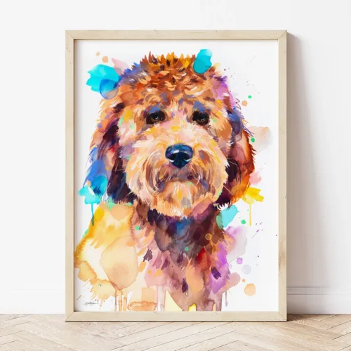 Goldendoodle watercolor painting the artwork on the T-shirt by Slaveika Aladjova