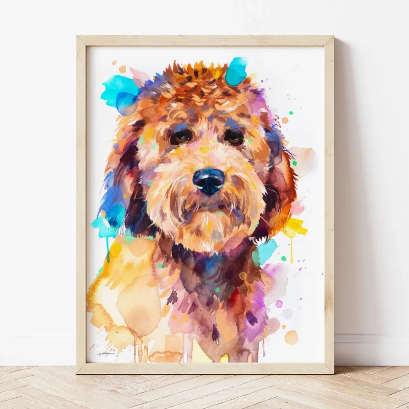 Goldendoodle watercolor painting the artwork on the T-shirt by Slaveika Aladjova