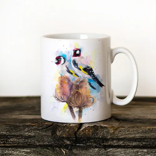 Goldfinches Art Mug, Watercolor Ceramic Mug 11 oz Goldfinches watercolor painting printed on an 11 oz ceramic art mug by Slaveika Aladjova