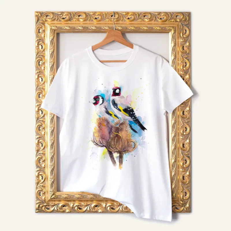 Goldfinches watercolor painting printed on a white cotton T-shirt by Slaveika Aladjova
