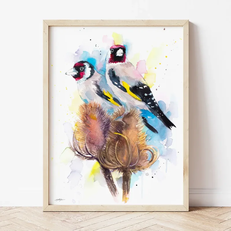 Goldfinches watercolor painting the artwork on the T-shirt by Slaveika Aladjova