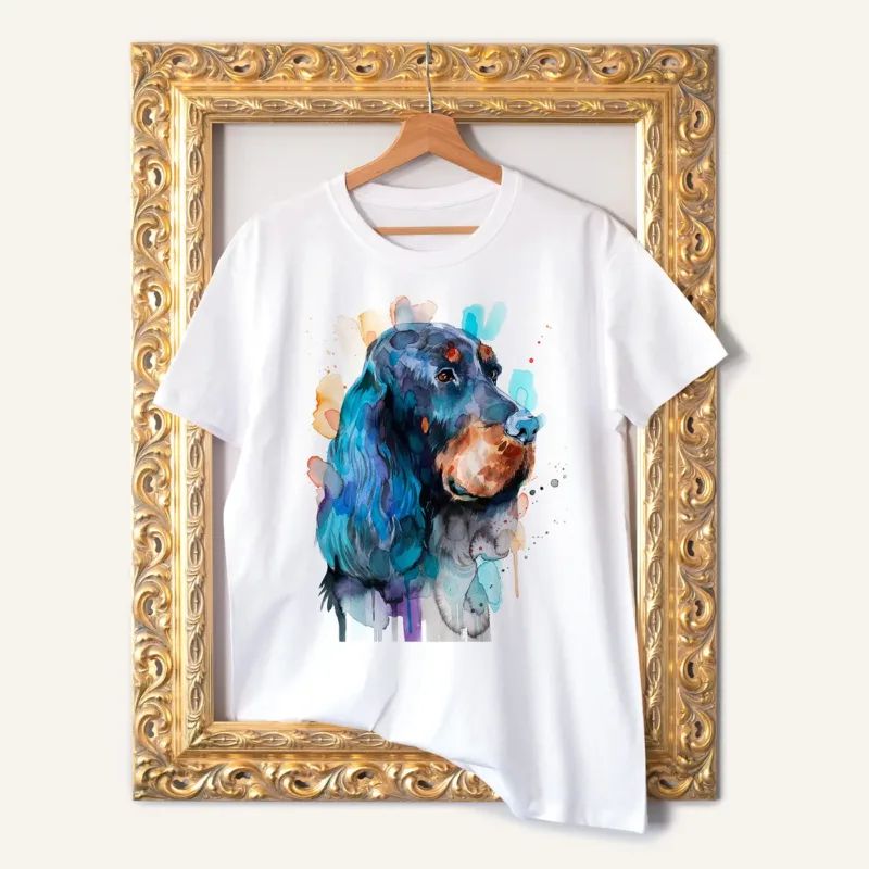 Gordon Setter watercolor painting printed on a white cotton T-shirt by Slaveika Aladjova