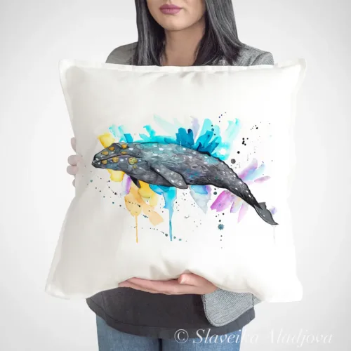 Gray Whale Art Pillow Cover, Watercolor Cushion 50 × 50 cm Gray Whale watercolor painting printed on a 50 x 50 cm cotton art pillow cover by Slaveika Aladjova