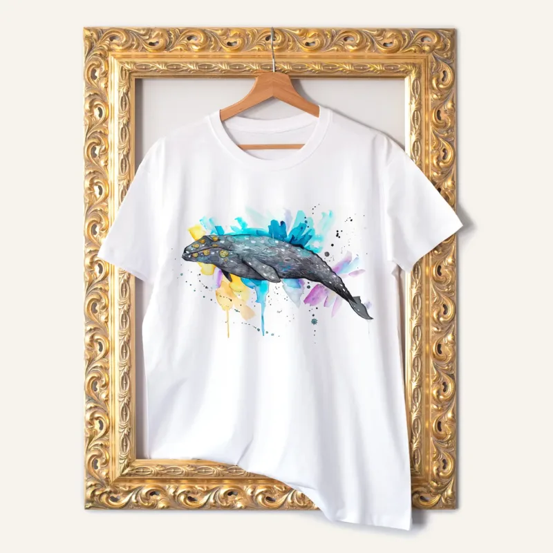 Gray Whale watercolor painting printed on a white cotton T-shirt by Slaveika Aladjova