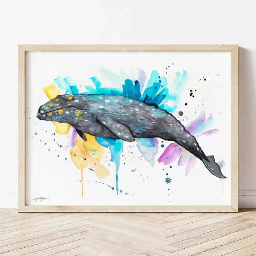 Gray Whale watercolor painting the artwork on the T-shirt by Slaveika Aladjova