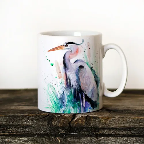 Great Blue Heron watercolor painting printed on an 11 oz ceramic art mug by Slaveika Aladjova