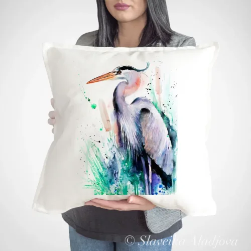 Great Blue Heron Art Pillow Cover, Watercolor Cushion 50 × 50 cm Great Blue Heron watercolor painting printed on a 50 x 50 cm cotton art pillow cover by Slaveika Aladjova