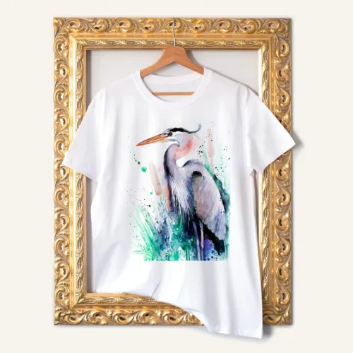Great Blue Heron T-Shirt, Watercolor Art Tee Great Blue Heron watercolor painting printed on a white cotton T-shirt by Slaveika Aladjova