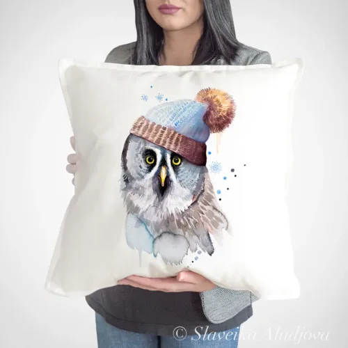 Great Grey Owl in a Hat Art Pillow Cover, Watercolor Cushion 50 × 50 cm Great Grey Owl in a Hat watercolor painting printed on a 50 x 50 cm cotton art pillow cover by Slaveika Aladjova