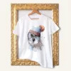 Great Grey Owl in a Hat watercolor painting printed on a white cotton T-shirt by Slaveika Aladjova