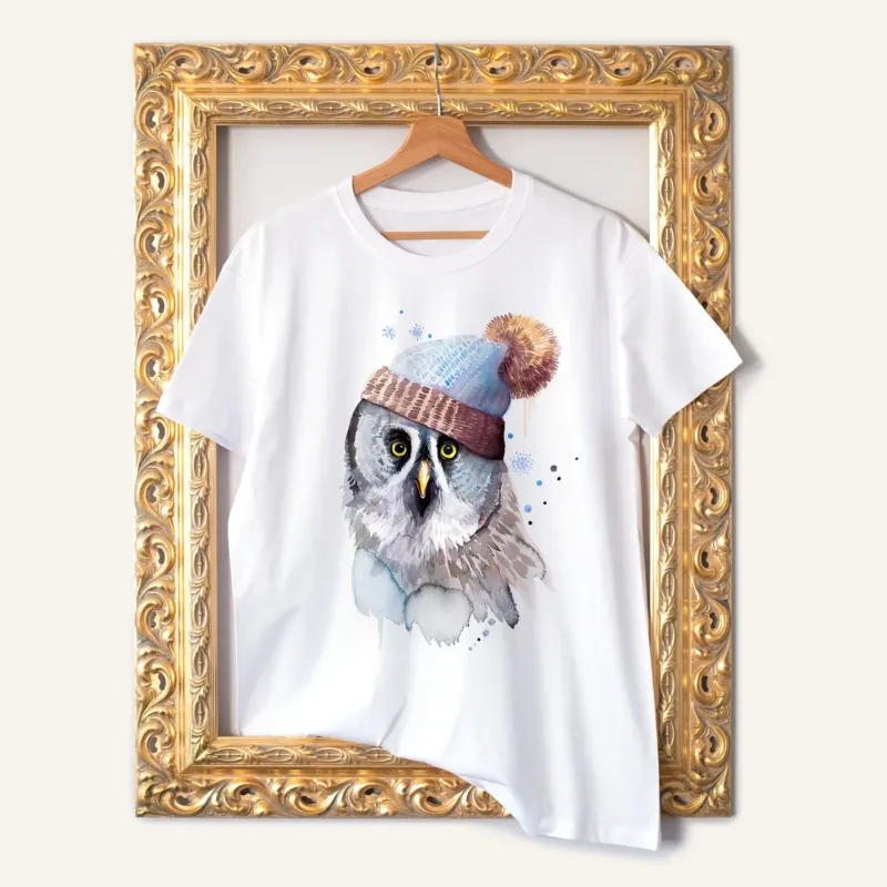 Great Grey Owl in a Hat watercolor painting printed on a white cotton T-shirt by Slaveika Aladjova