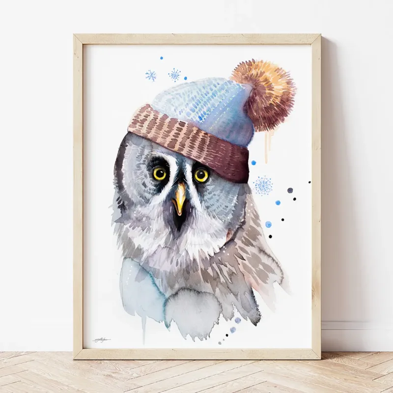 Great Grey Owl in a Hat watercolor painting the artwork on the T-shirt by Slaveika Aladjova