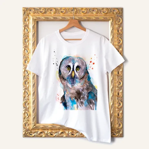 Great Grey Owl T-Shirt, Watercolor Art Tee Great Grey Owl watercolor painting printed on a white cotton T-shirt by Slaveika Aladjova