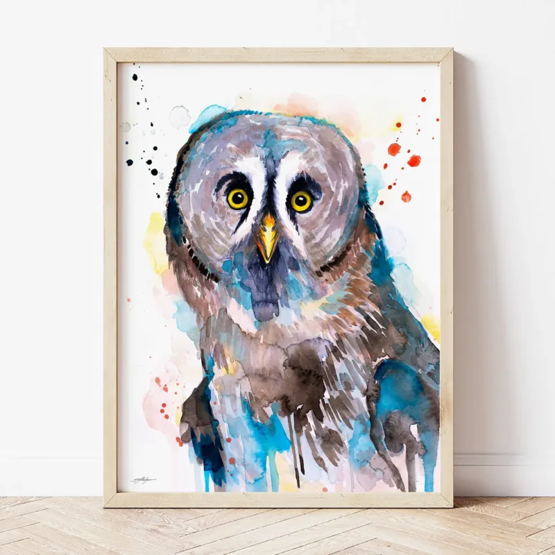 Great Grey Owl watercolor painting the artwork on the T-shirt by Slaveika Aladjova