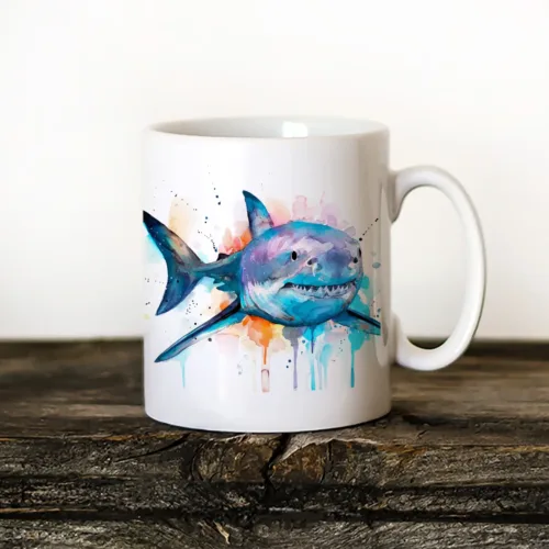 Great White Shark Art Mug, Watercolor Ceramic Mug 11 oz Great White Shark watercolor painting printed on an 11 oz ceramic art mug by Slaveika Aladjova