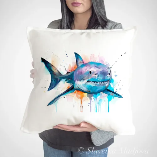 Great White Shark watercolor painting printed on a 50 x 50 cm cotton art pillow cover by Slaveika Aladjova
