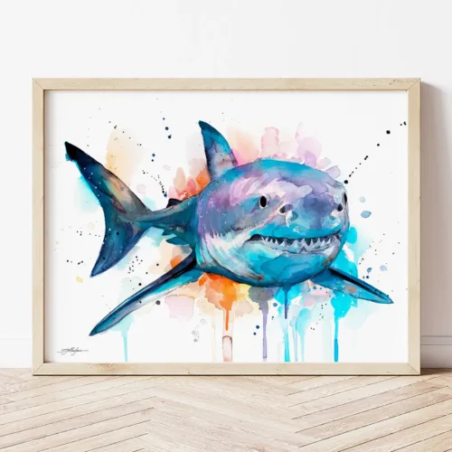 Great White Shark watercolor painting the artwork on the T-shirt by Slaveika Aladjova