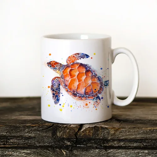 Green Sea Turtle Art Mug, Watercolor Ceramic Mug 11 oz Green Sea Turtle watercolor painting printed on an 11 oz ceramic art mug by Slaveika Aladjova