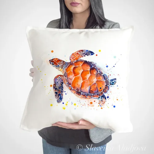 Green Sea Turtle Art Pillow Cover, Watercolor Cushion 50 × 50 cm Green Sea Turtle watercolor painting printed on a 50 x 50 cm cotton art pillow cover by Slaveika Aladjova