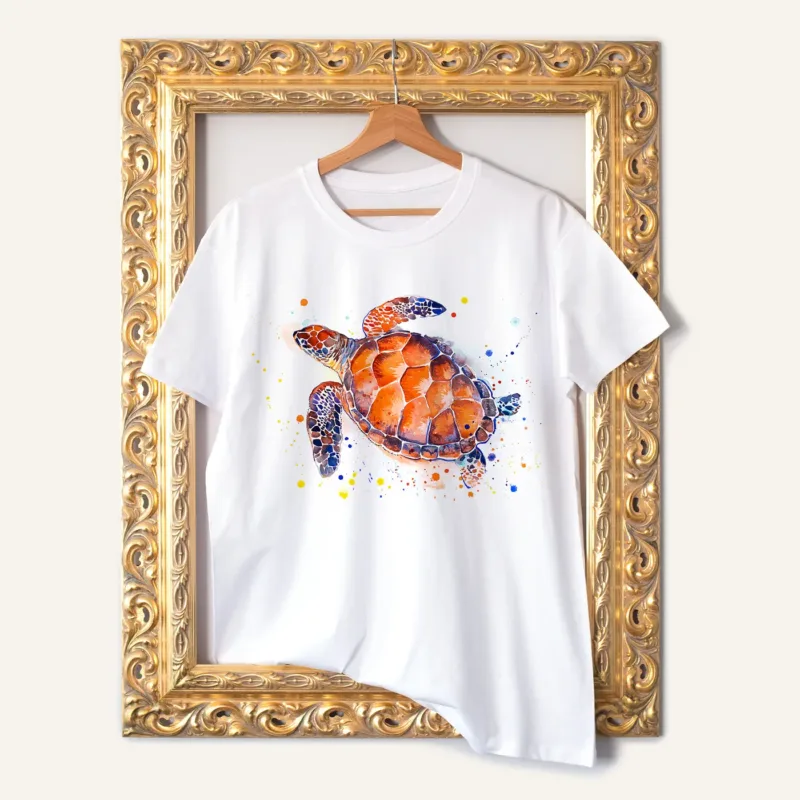 Green Sea Turtle watercolor painting printed on a white cotton T-shirt by Slaveika Aladjova