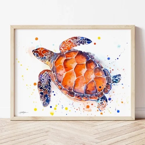 Green Sea Turtle watercolor painting the artwork on the T-shirt by Slaveika Aladjova