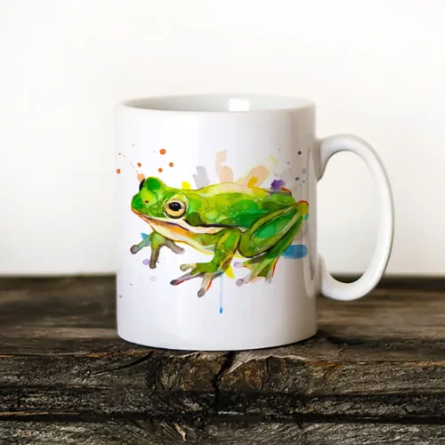 Green Tree Frog Art Mug, Watercolor Ceramic Mug 11 oz Green Tree Frog watercolor painting printed on an 11 oz ceramic art mug by Slaveika Aladjova