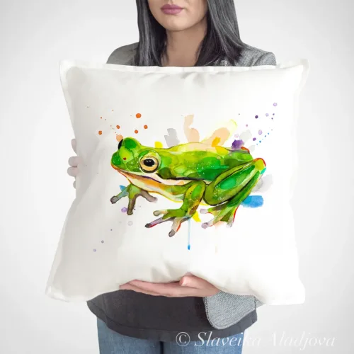Green Tree Frog Art Pillow Cover, Watercolor Cushion 50 × 50 cm Green Tree Frog watercolor painting printed on a 50 x 50 cm cotton art pillow cover by Slaveika Aladjova
