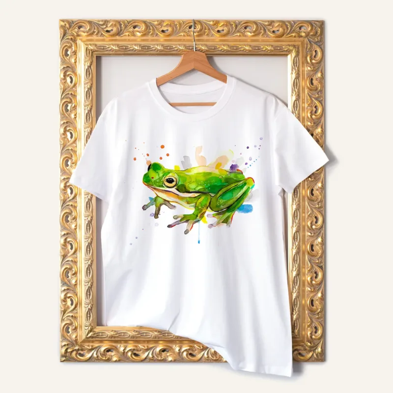 Green Tree Frog watercolor painting printed on a white cotton T-shirt by Slaveika Aladjova
