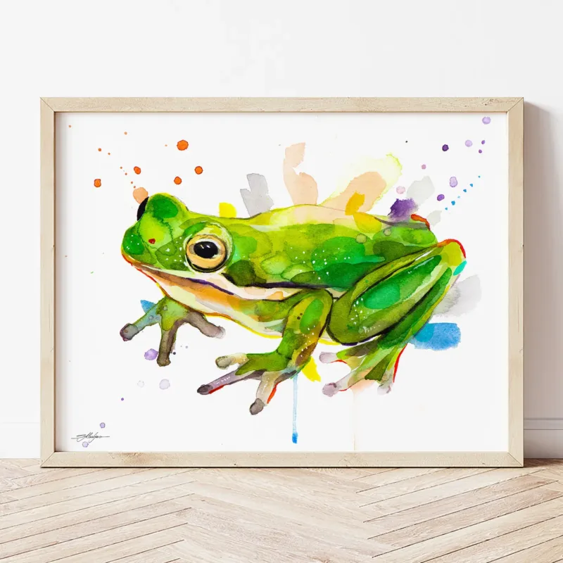 Green Tree Frog watercolor painting the artwork on the T-shirt by Slaveika Aladjova