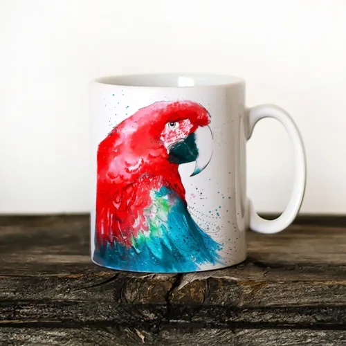 Green-winged Macaw Art Mug, Watercolor Ceramic Mug 11 oz Green-winged Macaw watercolor painting printed on an 11 oz ceramic art mug by Slaveika Aladjova