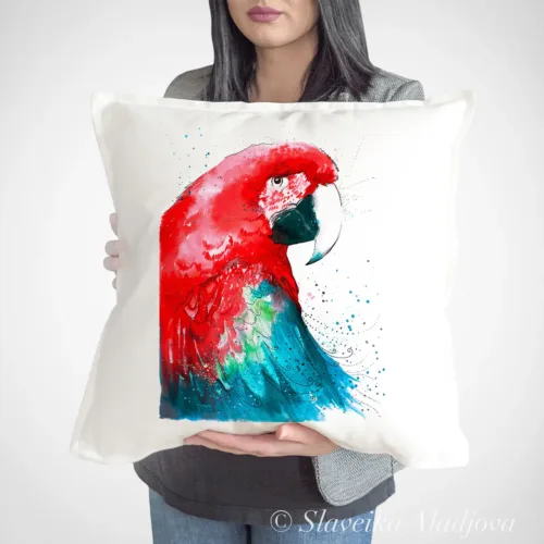 Green-winged Macaw Art Pillow Cover, Watercolor Cushion 50 × 50 cm Green-winged Macaw watercolor painting printed on a 50 x 50 cm cotton art pillow cover by Slaveika Aladjova