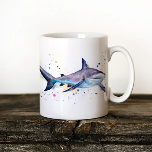 Grey Reef Shark Art Mug, Watercolor Ceramic Mug 11 oz Grey Reef Shark watercolor painting printed on an 11 oz ceramic art mug by Slaveika Aladjova