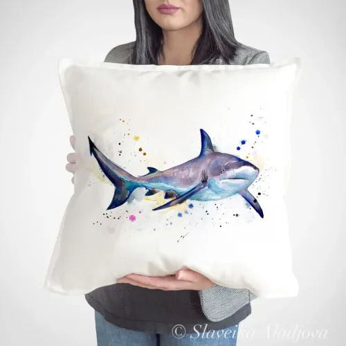 Grey Reef Shark Art Pillow Cover, Watercolor Cushion 50 × 50 cm Grey Reef Shark watercolor painting printed on a 50 x 50 cm cotton art pillow cover by Slaveika Aladjova