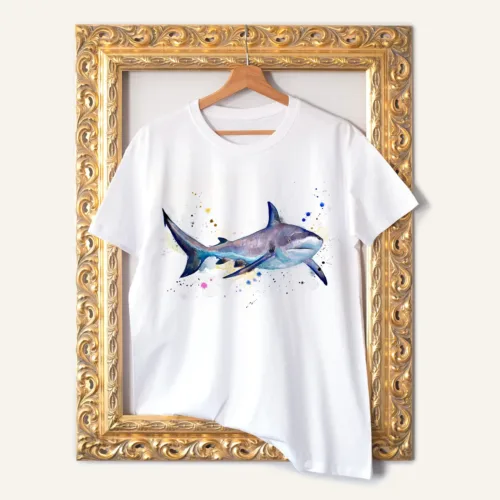 Grey Reef Shark T-Shirt, Watercolor Art Tee Grey Reef Shark watercolor painting printed on a white cotton T-shirt by Slaveika Aladjova