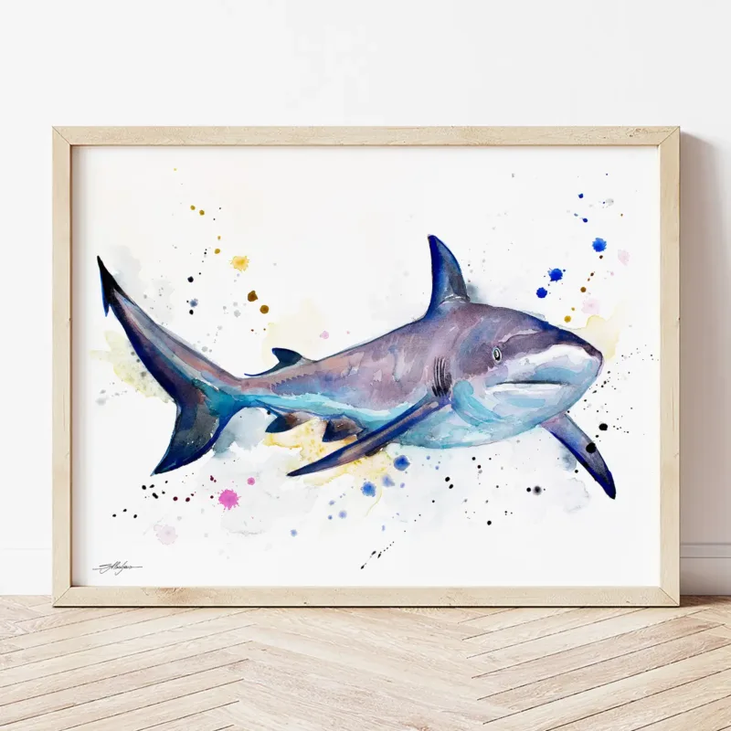 Grey Reef Shark watercolor painting the artwork on the T-shirt by Slaveika Aladjova