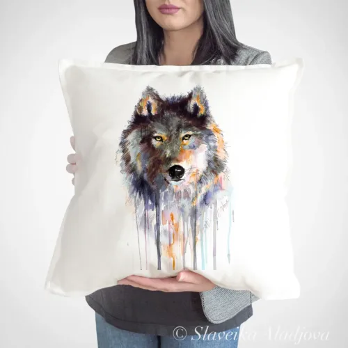 Grey Wolf Art Pillow Cover, Watercolor Cushion 50 × 50 cm Grey Wolf watercolor painting printed on a 50 x 50 cm cotton art pillow cover by Slaveika Aladjova