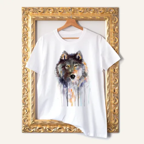 Grey Wolf T-Shirt, Watercolor Art Tee Grey Wolf watercolor painting printed on a white cotton T-shirt by Slaveika Aladjova