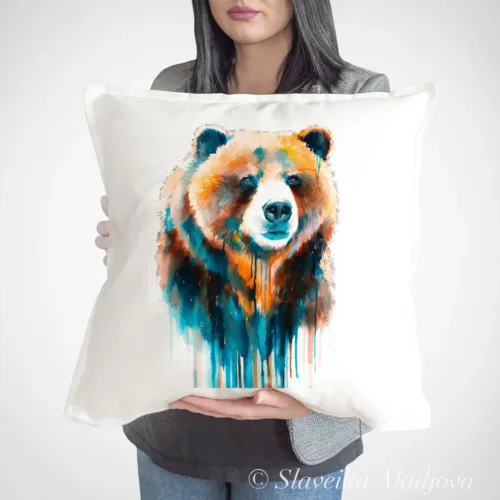 Grizzly Bear watercolor painting printed on a 50 x 50 cm cotton art pillow cover by Slaveika Aladjova